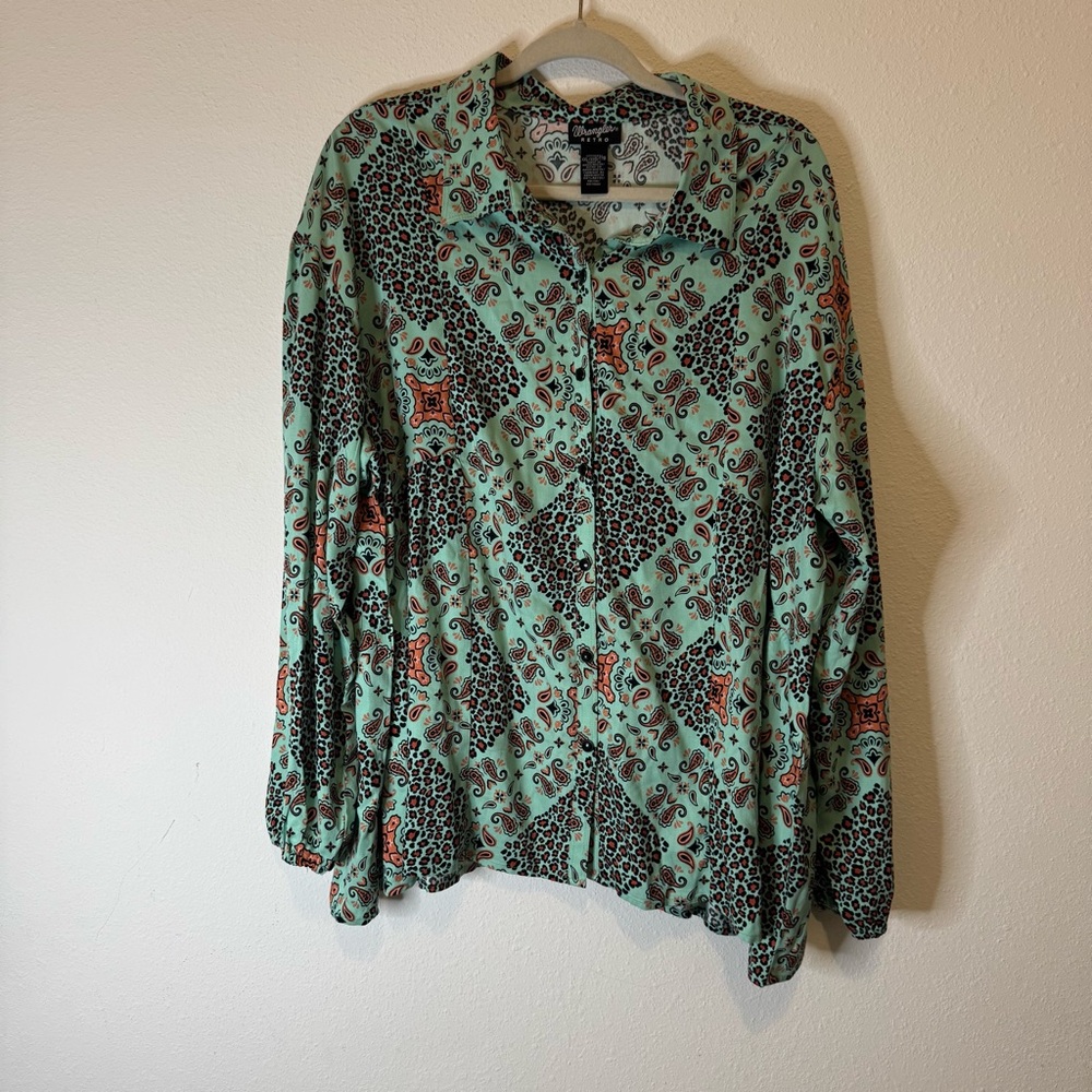 Wrangler Retro Western Vintage Green Long Sleeve Blouse Top Women's XXL